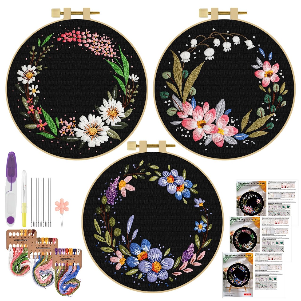 3 Sets Embroidery Kit, Floral Cross Stitch Set for Include Embroidery Cloth Hoops Threads for Craft Lover Hand Stitch (Garlands)